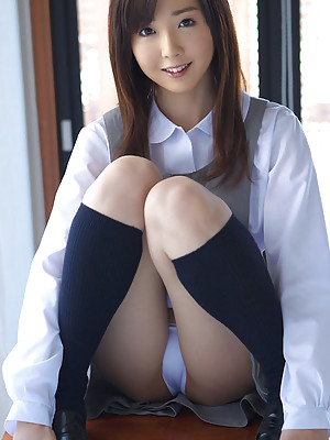 Mio Ayame Asian smiles and shows ass in panty under uniform